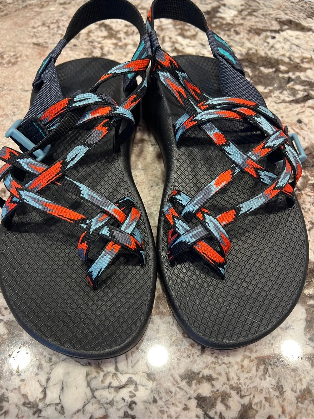 Chaco Black Sandals with Orange & Teal Patterned Straps - Picture 2 of 8